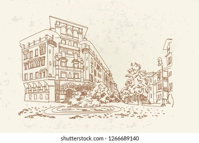 vector sketch of Coppede Quarter, Rome, Italy