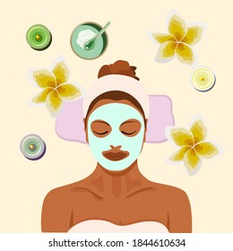 Vector sketch cosmetic procedures, face care, face massage, relaxation, mask on a pastel background. Realistic illustrations in flat design.