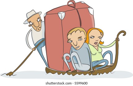 vector sketch of couple with a little to much luggage on traditional venice gondola