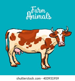 Vector sketch of a cow on a blue background one isolated hoofed animal, farm cattle. Domestic cattle, linear illustration of a horned cow and dairy,