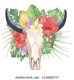 Vector sketch cow skull and tropical flowers.Boho composition with hibiscus, plumeria and palm leaves 