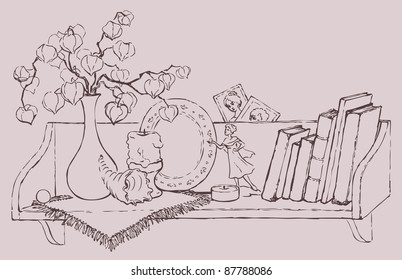 Vector Sketch cozy home corner: a shelf with books, a vase, candles and souvenirs