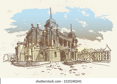 Vector sketch of Croatian National Theater in Zagreb, Croatia. Retro style.