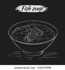 Vector sketch of a cup of hot fish soup isolated on a dark background