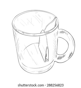Vector sketch of cup with tea bag. Hand draw illustration.