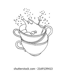 Vector sketch of cups with splashes of tea. Dynamic contour illustration of a hot drink.