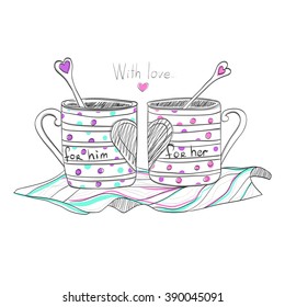 Vector sketch with cups. Sweet home. Hand-drawn pictures. With love.