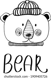 vector sketch cute bear in hat sketch black and white