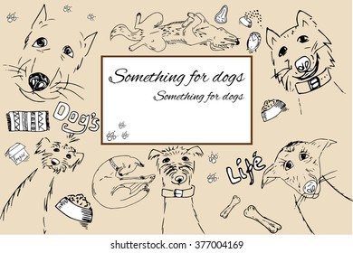Vector sketch cute dog frame on beige