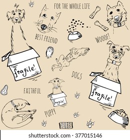 Vector sketch cute dog seamless texture, background, pattern on beige