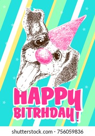 Vector sketch of cute mongrel puppy with cap and clown nose. Happy birthday design card. Color stripes background.