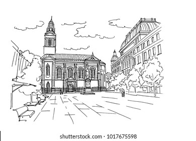 Vector sketch of Cvjetni square (trg) with orthodox cathedral Zagreb.