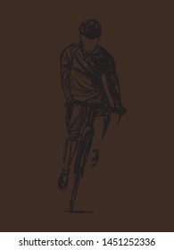 Vector sketch of a cyclist riding forward, created with expressive dark ink lines on a brown background. Minimalistic hand-drawn style capturing motion and athletic focus.