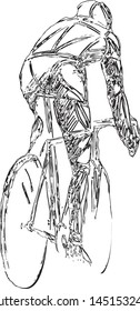 Vector sketch of a cyclist viewed from behind, drawn with dynamic ink lines. The rider is in motion on a racing bike, highlighting leg muscles and aerodynamic posture.