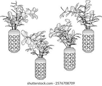 vector sketch of decorative design for indoor interior decoration of flower plants in pots