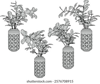 vector sketch of decorative design for indoor interior decoration of flower plants in pots