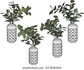 vector sketch of decorative design for indoor interior decoration of flower plants in pots