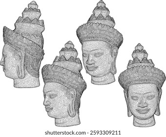 vector sketch design of an old classic vintage prehistoric statue of Buddha's face