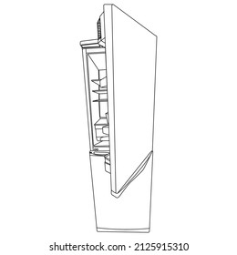Vector sketch design of a two-door open refrigerator on a white background. Vector illustration.A hand-drawn illustration of a refrigerator isolated on a white background in sketch style