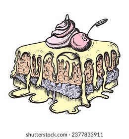 Vector sketch of desserts with ce cream. Handmade waffle cone, ice cream and ice cream in a waffle cup with a splash of syrup.
