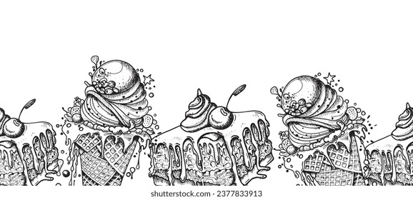 Vector sketch of desserts with ce cream. Handmade waffle cone, ice cream and ice cream in a waffle cup with a splash of syrup.