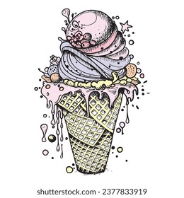 Vector sketch of desserts with ce cream. Handmade waffle cone, ice cream and ice cream in a waffle cup with a splash of syrup.
