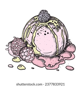 Esbozo vectorial de postres con helado. Cono de gofre hecho a mano, helado y helado en una taza de gofre con un toque de jarabe.