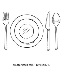 Vector Sketch Dining Set    Fork  Knife  Spoon   Plates