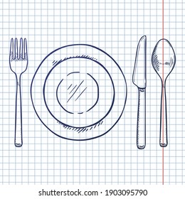 Vector Sketch Dining Set - Fork, Knife, Spoon and Plates