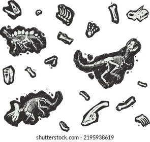 Vector Sketch Dinosaur Fossils Set