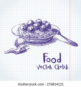 Vector sketch dish with meatballs and spaghetti