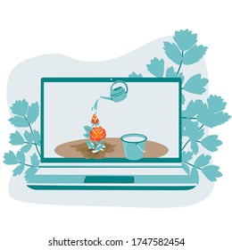 Vector sketch of distance learning laptop care and watering roses with water from a watering can on a white isolated background. Figure flat, cartoon. Design banners, covers