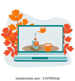 Vektorskizze von Fernunterricht in Laptop-Pflege und Tränken von Rosen mit Wasser aus einer Wasserdose auf weißem, isoliertem Hintergrund. Abbildung flach, Cartoon. Design-Banner, Deckel