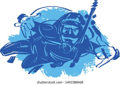 the vector sketch of the diving people with fish