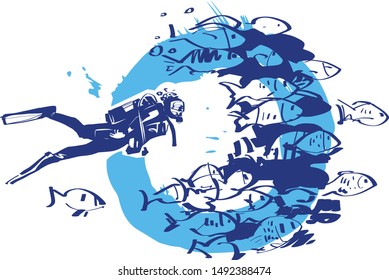 the vector sketch of the diving people with fish