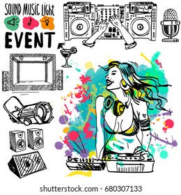 Vector sketch with the DJ and a turntable on the stylized background. Colored blots. Disc jockey mixing music on turntable. Disc jockey in headphones playing music on turntable. 