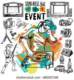 Vector sketch with the DJ and a turntable on the stylized background. Colored blots. Disc jockey mixing music on turntable. Disc jockey in headphones playing music on turntable. 
