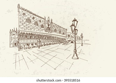 boceto vectorial del palacio de Doge (Palazzo Ducale). Venecia. Italia. Estilo retro.