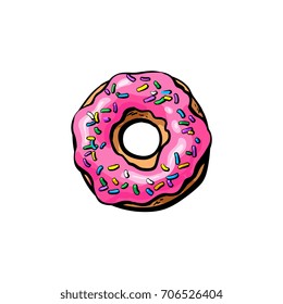 Vektorgrafik-Donut mit rosafarbener Glasur und Berieselungskartoon einzeln auf weißem Hintergrund. Süßes, leckeres Dessertessen, Snack