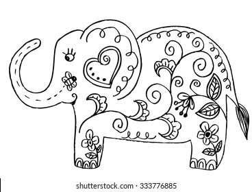 Vector sketch of doodle elephant. Ethnic elephant illustration