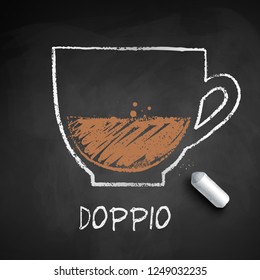 Vector sketch of Doppio coffee on chalkboard background with piece of chalk.