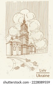 vector sketch of The Dormition or Assumption Church, in Lviv, Ukraine.