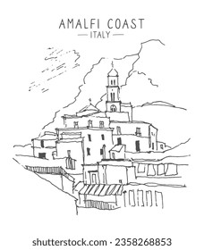 Vector sketch draw graphic illustration, Painted architecture of Amalfi Coast graphics. Drawing urban landscape black and white graphics Amalfi Coast of Italy, Liner sketches architecture.