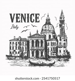 Dibujo de Vector ilustración gráfica negro, Dibujo de paisaje urbano gráficos en blanco y negro Venecia, Liner bocetos de arquitectura de Venecia. gondola de agua Italia Venecia, Gran Canal. Venecia