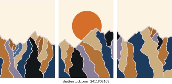 Vector sketch drawing of colored mountains and moon. Template for banner, poster, card, cover. Vector file, design elements.