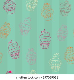 vector sketch drawing cupcakes seamless pattern