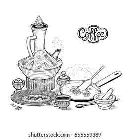 Vector sketch drawing East Arabic cup and vintage coffeepot, roasting coffee beans in a frying pan, wicker bowl and mortar. Illustration items of the Ethiopian coffee ceremony. Engraving style