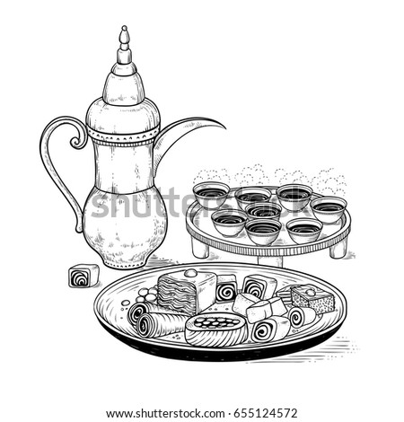 Vector sketch drawing ethnic Arabic cup and copper coffeepot, big plate East sweets. Illustration black and white items of the coffee ceremony. Engraving style