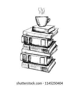 Vector sketch drawing illustration with books and cup of coffee