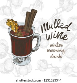 Vector sketch drawing illustration. Mulled wine on cotton background. Mulled wine glass, orange slice, cotton, cardamom, star anise, cinnamon stick, clove in retro style. Winter menu, Christmas